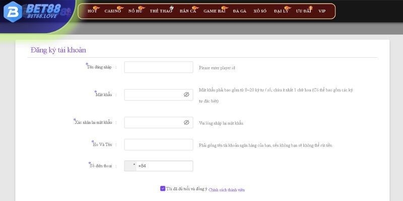Điền đầy đủ thông tin vào biểu mẫu đăng ký Bet88